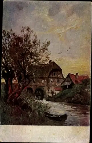 Künstler Ak Landschaft mit Fluss und Häusern, Ruderboot am Ufer