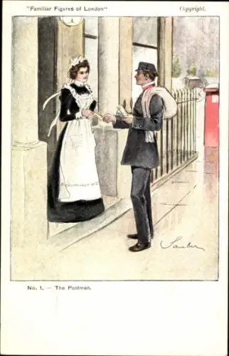 Künstler Ak Familiar Figures of London, The Postman, Postbote, Dienstmädchen