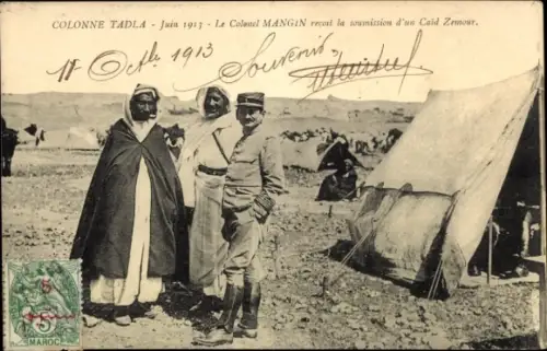 CPA Tadla Maroc, Juin 1913, Le Colonel Mangin reçoit la soumission d'un Caid Zemour