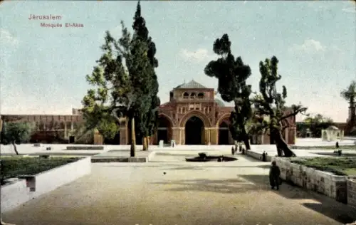 Ak Jerusalem Israel, Moschee El-Aksa,  Architektur, Bäume, blauer Himmel