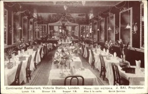 Ak Westminster London City, Continental Restaurant, Victoria Station,  Speisenpreise, J. Bai, Pro