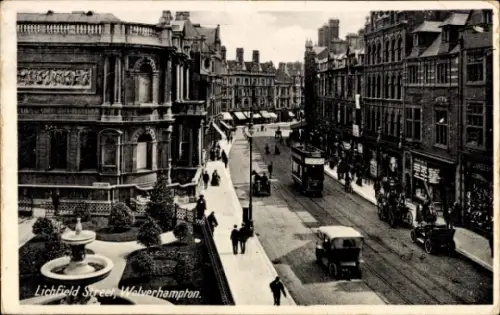 Ak Wolverhampton West Midlands England, Lichfield Street,   Architektur, Straßenbahn, Fahrzeuge, 