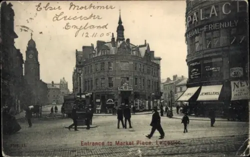 Ak Leicester East Midlands England, Marktplatz  Menschen, Gebäude, Geschäfte, Poststempel, 1 Penn