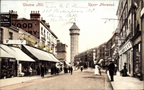 Ak Upper Norwood London England, Westow Hill,  Geschäfte, Menschen,  Architektur