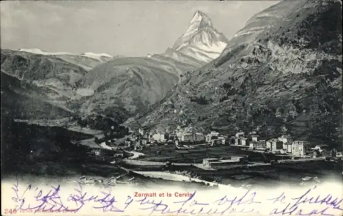 Ak Zermatt Kanton Wallis Schweiz,  Cervin, Berge, Tal, Stadtansicht