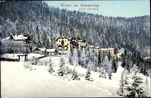 Ak Semmering in Niederösterreich, Winterlandschaft, Hotel Panhaus, verschneite Bäume, Berge