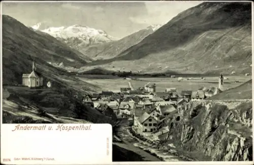 Ak Andermatt Kanton Uri,  Hospenthal, Berge, Häuser, Kirche, Tal