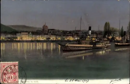 Ak Genf Stadt Schweiz, Dampfer im Hafen bei Nacht