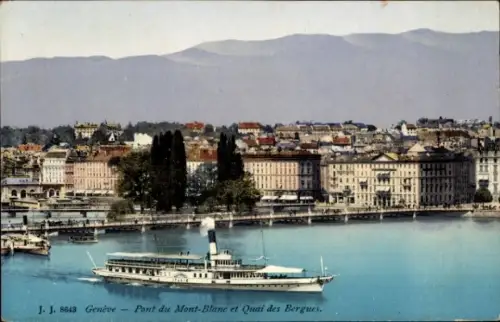 Ak Genf Stadt Schweiz, Stadtansicht von  Pont du Mont-Blanc, Quai des Bergues, Dampfschiff