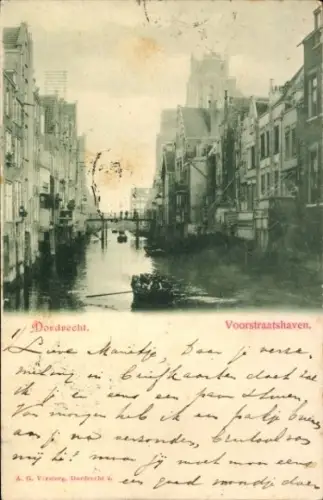 Ak Dordrecht Südholland Niederlande,  Voorstraatshaven, Kanalansicht, Boot, Gebäude