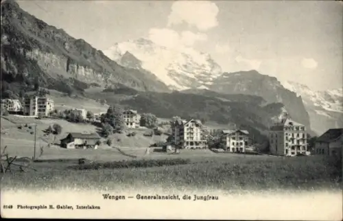 Ak Wengen Kanton Bern,  Generalansicht, die Jungfrau, Berge, Gebäude