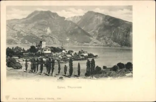 Ak Spiez am Thuner See Kanton Bern, Spiez am Thunersee, Berge im Hintergrund,  Gebäude, Bäume