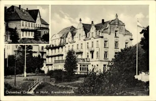 Ak Ostseebad Grömitz in Holstein, Ostseebad  Kreiskinderheim, Gebäude, Bäume, Flagge