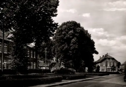 Ak Esens in Ostfriesland, Straße mit Bäumen, Gebäude, Statue, Esens Ostfriesland