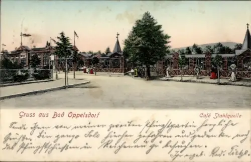 Ak Opolno Zdrój Bad Oppelsdorf Bogatynia Reichenau Schlesien, Café Stahlquelle