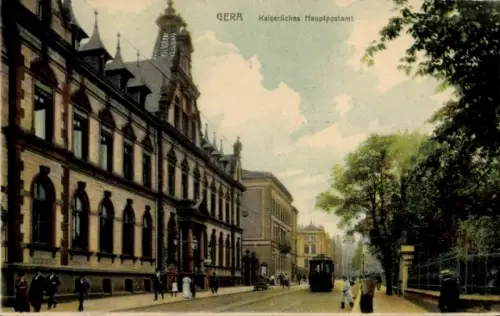 Ak Gera in Thüringen, Kaiserliches Hauptpostamt, Straßenbahn