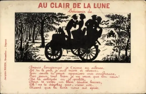 Scherenschnitt Ak Au Clair de la Lune, Liebespaare, Automobil, Gedicht
