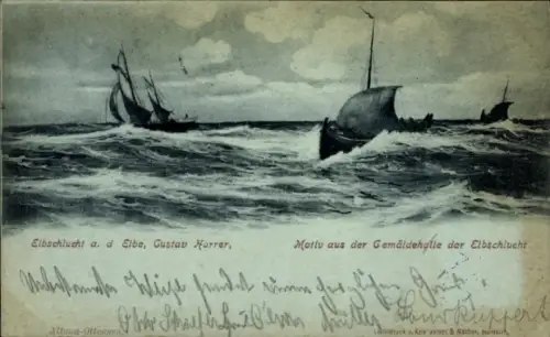 Ak Hamburg Altona, Elbschlucht, Gemäldehalle, Schiffe auf stürmischer See, Gustav Harrer