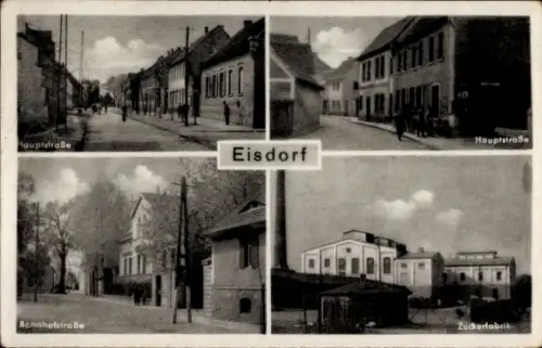 Ak Eisdorf Teutschenthal Saalekreis, Hauptstraße,  Bahnhofstraße, Zuckerfabrik
