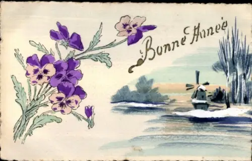 Handgemalt Ak Glückwunsch Neujahr, Winterlandschaft, Windmühle, Stiefmütterchen