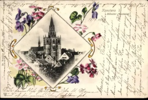 Ak Konstanz am Bodensee, Münster, erste Ansicht, Blumenrand, Handgeschriebenes