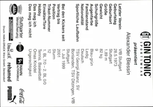 Autogrammkarte Fußballer Alexander Blessin, Stuttgarter Kickers, Autogramm