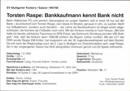 Autogrammkarte Fußballer Torsten Raspe, Stuttgarter Kickers, Autogramm