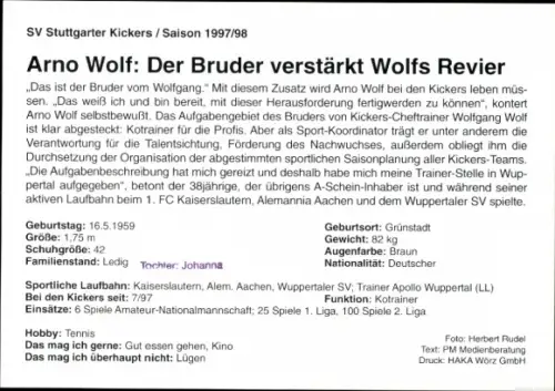 Autogrammkarte Fußballer Arno Wolf, Stuttgarter Kickers, Autogramm