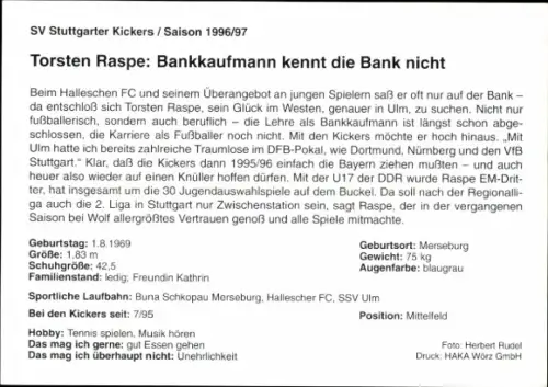 Autogrammkarte Fußballer Torsten Raspe, Stuttgarter Kickers, Autogramm