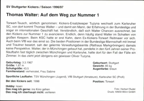 Autogrammkarte Fußballer Thomas Walter, Stuttgarter Kickers, Autogramm
