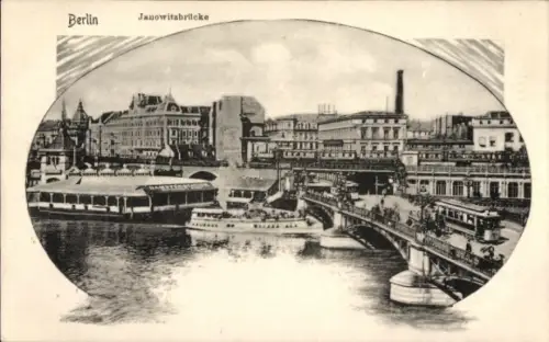 Ak Berlin Mitte, Dampferstation an der Jannowitzbrücke, Straßenbahn, Stadtbahn