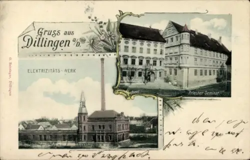 Litho Dillingen an der Donau in Nordschwaben, Priesterseminar, Elektrizitätswerk