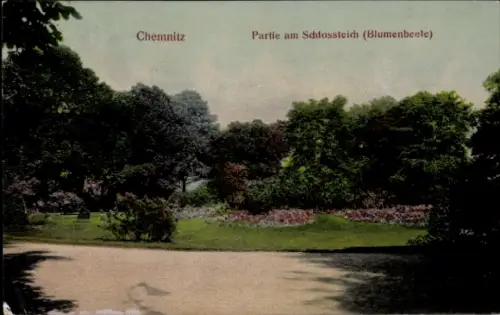 Ak Chemnitz in Sachsen,  Partie am Schlossteich, Blumenbeete, idyllische Parklandschaft