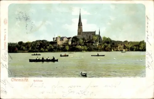 Ak Chemnitz in Sachsen, Schloss  eiserne Bandboote, Wasser, Bäume, Kirche