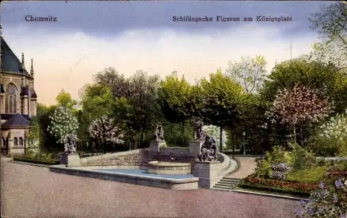 Ak Chemnitz in Sachsen, Schillingsche Figuren, Königplatz, Parklandschaft, ruch gehuierte Bäume, 
