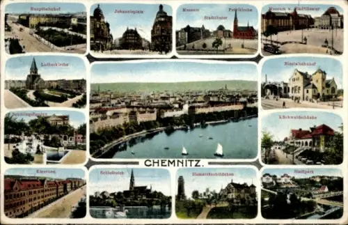 Ak Chemnitz in Sachsen, Hauptbahnhof, Stadtthater, Lutherkirche, Museum, Stadtpark, Nicolaitahabo