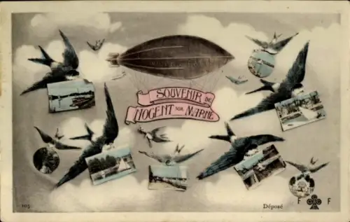 Ak Nogent sur Marne Val de Marne, Hafen, Promenade, Schwalben, Zeppelin