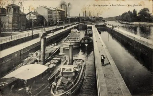 Ak Suresnes Hauts de Seine,  Les Ecluses, Dampfer, Kanalansicht,  