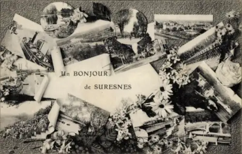 Ak Suresnes Hauts de Seine, Vielzahl von Bildern, Blumen, Schriftzug 'Un BONJOUR de SURESNES'