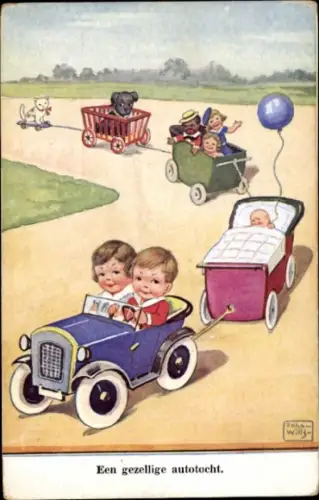 Künstler Ak Wills, John, Kinder im Automobil, Anhänger, Puppenwagen, Puppen