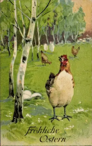 Ak Frohe Ostern, Hahn mit Hennen auf der Wiese