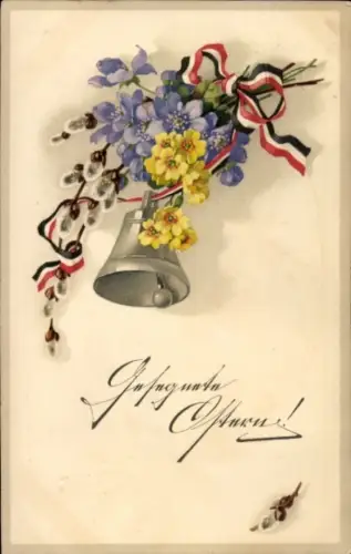 Ak Gesegnete Ostern, Glocke Blumen, Weidenkätzchen