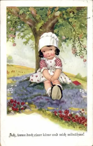 Künstler Ak Mädchen unterm Baum sitzend, Ach, wenn doch einer käme und mich mitnehme!