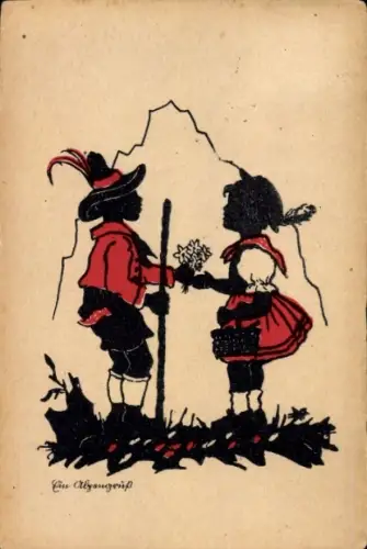 Scherenschnitt Ak Ein Alpengruß, Zwei Kinder in Trachten, Edelweiß