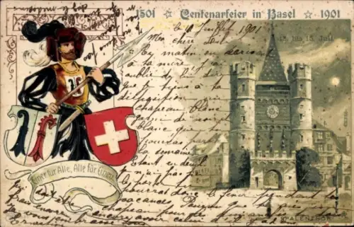 Präge Wappen Litho Bâle Basel Stadt Schweiz, Centenarfeier 1901, Wache mit Hellebarde, Spalentor