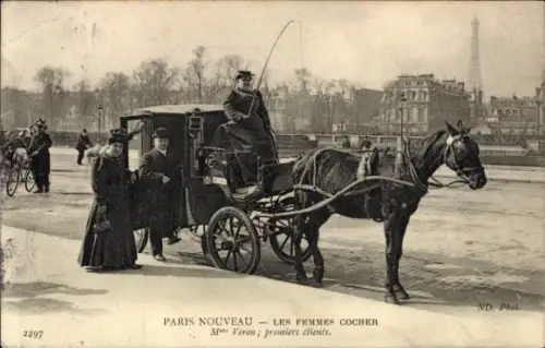 Ak Paris, Kutscherin Madame Veron, erste Fahrgäste