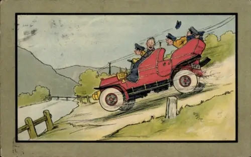 Künstler Ak Lane Vicary, Charles, Automobil kurz vor der Fahrt  in einen Fluss