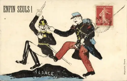 Ak Karikatur, Kaiser Wilhelm II. aus Elsass verjagt
