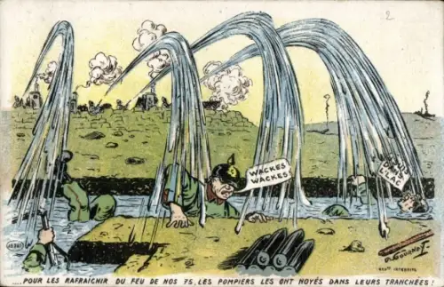 Künstler Ak Gournay, Deutsche Soldaten im Wasser, Beschuss, Karikatur