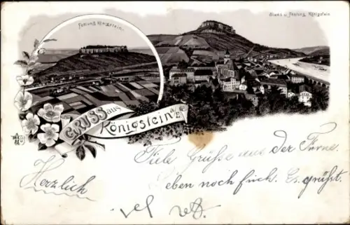 Litho Königstein an der Elbe Sächsische Schweiz, Festung Königstein, Gesamtansicht